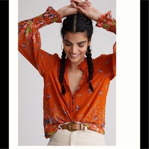 Anthropologie Orange Collar Blouse Ruffle Sleeves